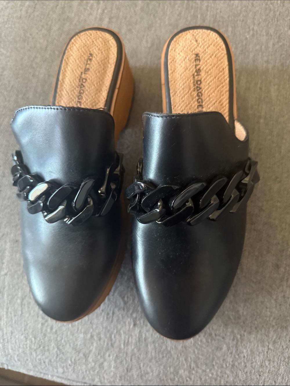 Kelsi Dagger Black Chain-Trim Wedge Mules
